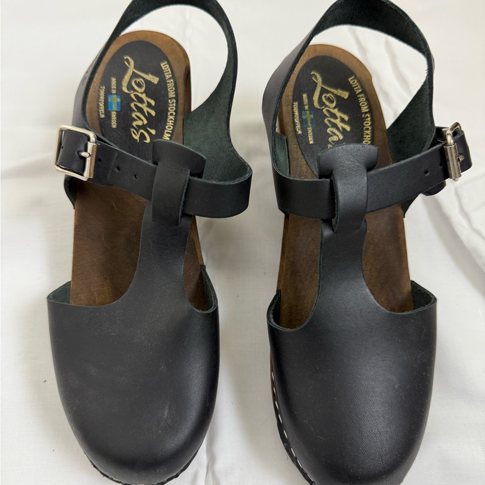 Lotta From Stockholm Leather T-Bar Black Leather Clog Sz 41